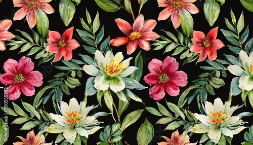 floral seamless pattern painted flowers with leaves on black background © Kendrick
