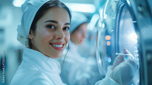 Portrait of smiling woman working with operator dosimeter preparing test tubes for irradiation chamber. Generative AI.