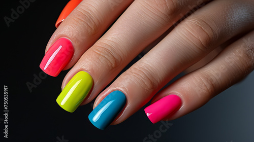 Multicolor Neon Manicure on Female Hand