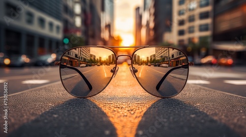 Sunglasses with mirrored lenses on a city street