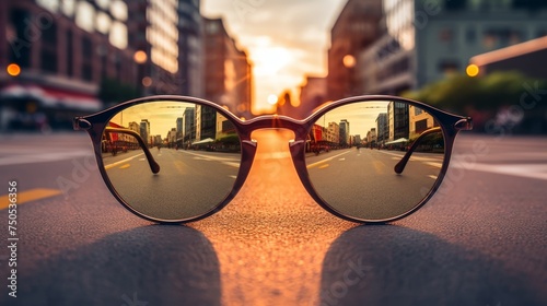 Sunglasses with mirrored lenses on a city street
