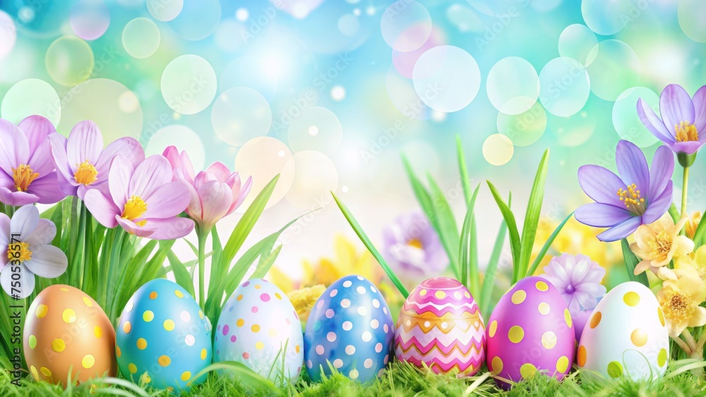 Happy Easter banner with spring flowers background. Greeting card. 