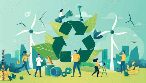 Circular economy symbol is prominently displayed in the center of an eco-friendly industrial landscape. Sustainability and resource efficiency concept