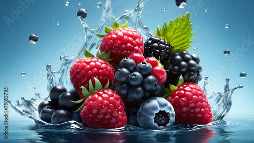 Fresh ripe juicy raspberries,blackberries and blueberries with water splashes on light blue background.Fruit freshness, summer berries. Banner for design.Generative AI 