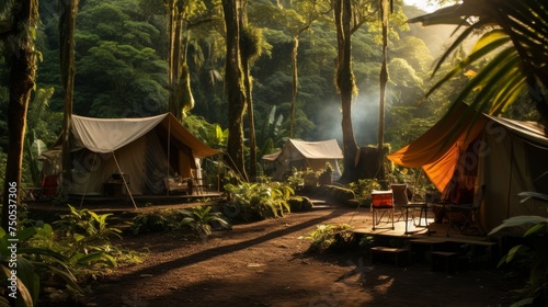 Tents set up in a lush rainforest © Media Srock