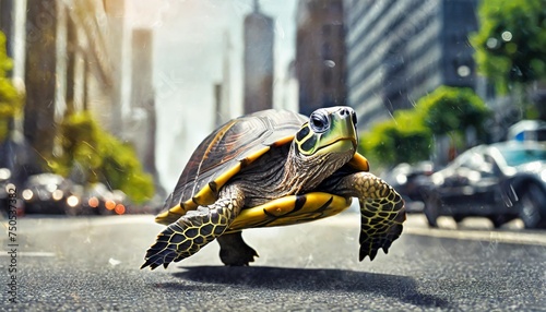 turtle running extremely fast on busy city street illustration © Kendrick