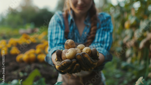 female farmer close-up harvests potatoes