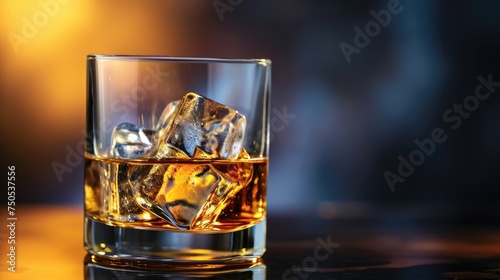 glass of whiskey, Glass of elegant whiskey with ice cubes on a bar counter with dark moody atmosphere. Drink art concept.