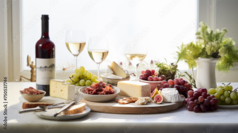 Cheese Platter with Grapes and White Wine - obrazy, fototapety, plakaty 