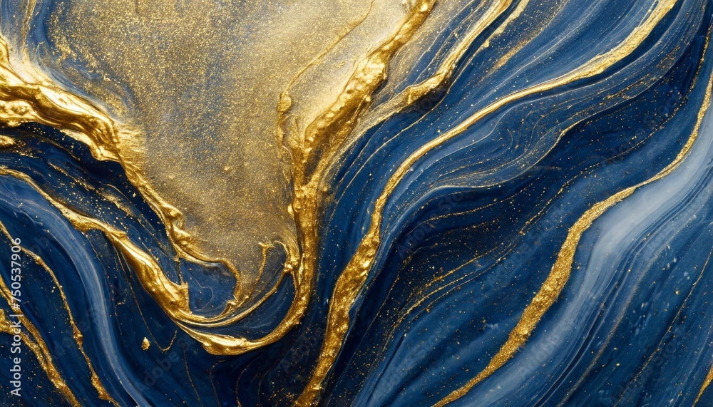 liquid swirls in navy blue colors with gold powder luxurious design wallpaper - obrazy, fototapety, plakaty 