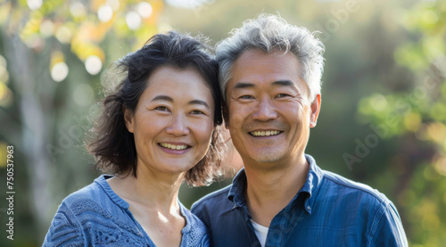 Mature, couple and portrait of a man and woman posing together for love, bonding and dating. Happy, Asian and romantic people radiating positivity outdoors for content, happiness and exploration