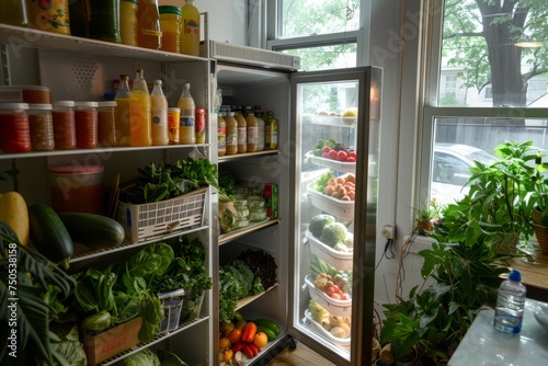 A community fridge filled with fresh produce and essentials, a symbol of mutual aid and neighborhood solidarity.
