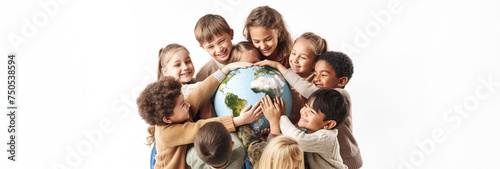 The Earth surrounded by children on a white background. The concept of Earth Day.