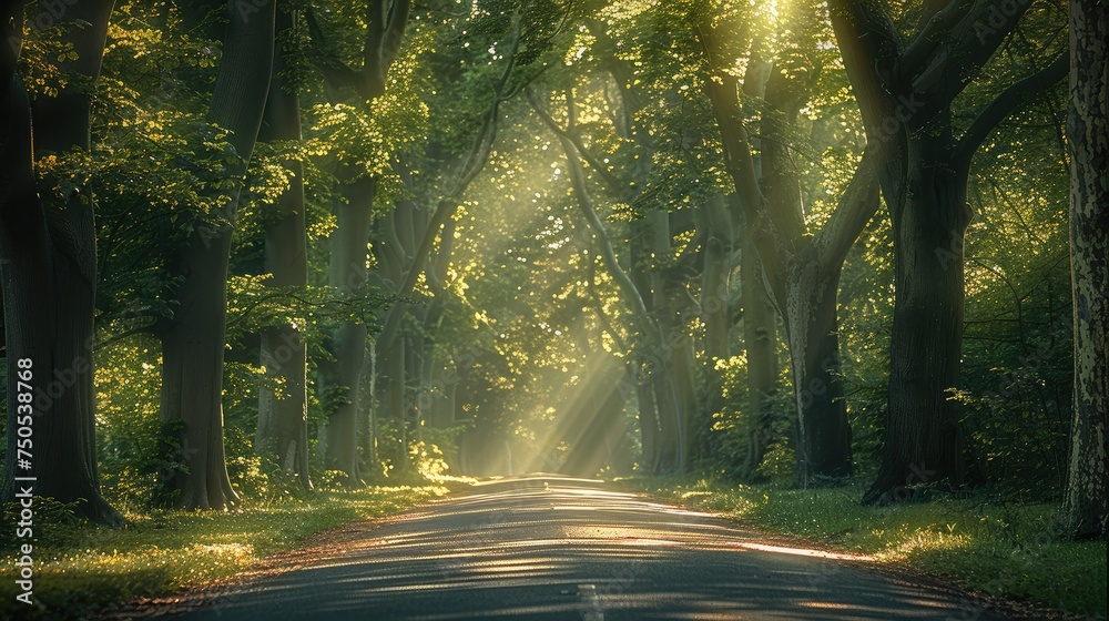 A small road, with tall plane trees on both sides, dark green leaves, sunlight shining down from the top. Generative AI. - obrazy, fototapety, plakaty 