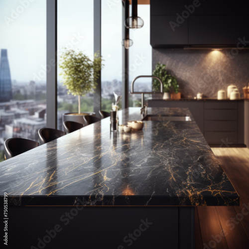 Sleek Black Kitchen Surface in Sunlit Room