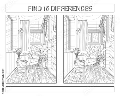 Find 15 differences. The interior of the loggia room. Coloring book for adults. Black and white vector illustration.