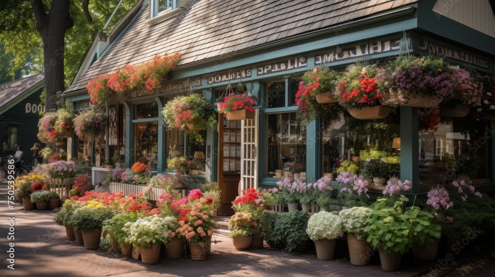 The charming exterior of a flower shop with colorful flower baskets