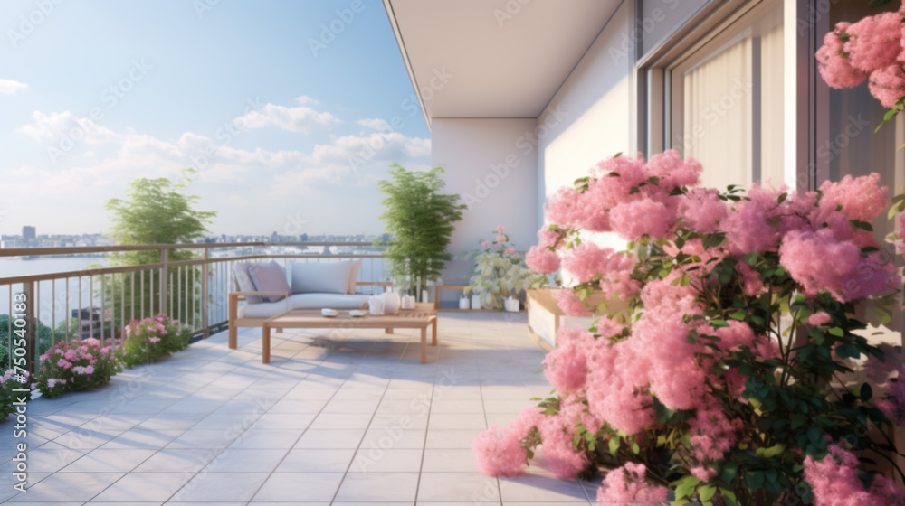 Fototapeta premium Beautiful wooden terrace with garden furniture surrounded by greenery and flowers