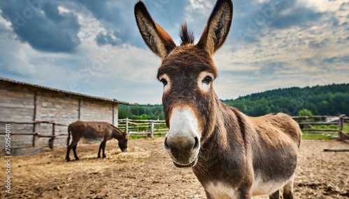 portrait of domestic donkey in the barnyard