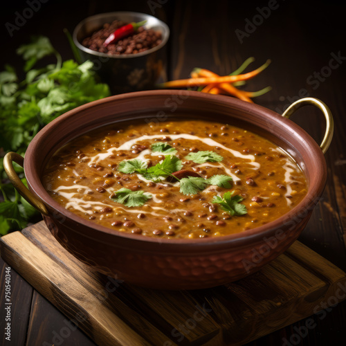 Traditional Indian Punjabi dish Dal makhani with lentils and beans in black bowl