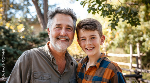 Mature, man and portait of a father and teen son posing together in a park for love, bonding and care. Happy, smile and people radiating positivity outdoors for content, happiness and exploration