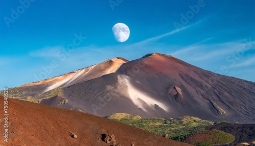 moon above the crater of mount etna a martian landscape on the earth sicily italy europe