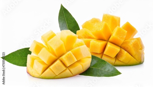 set of mango cubes and mango slices isolated on a white background