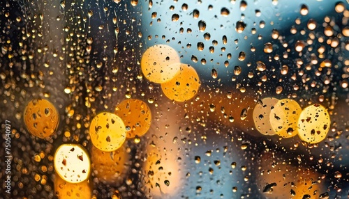 raindrops on a window in focus against a blurred background of orange and yellow lights