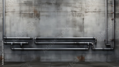 Metallic shine of steam pipes on the wall, against cool gray concrete, gas pipe industrial concept