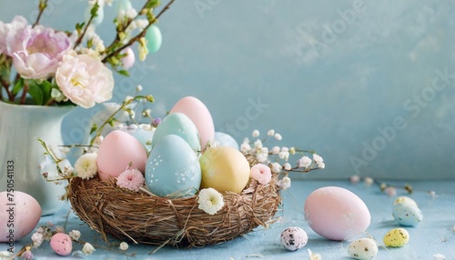 easter decor in pastel colors on a light blue background © Kendrick