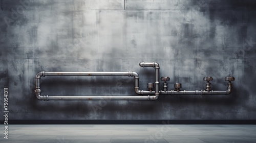 Metallic shine of steam pipes on the wall, against cool gray concrete, gas pipe industrial concept photo