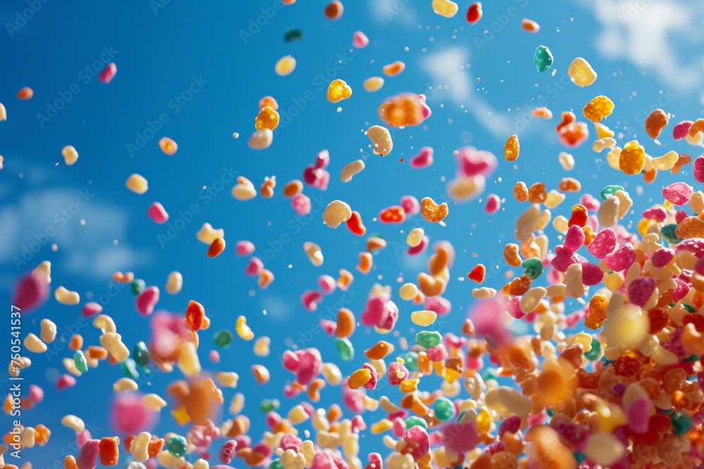Colorful Confetti Shower in the Blue Sky with Clouds Background for Celebration and Festive Events