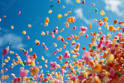 Colorful Confetti Shower in the Blue Sky with Clouds Background for Celebration and Festive Events