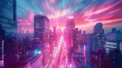 Skyscrapers brush against a sky glowing with the neon-pink. Generative AI.