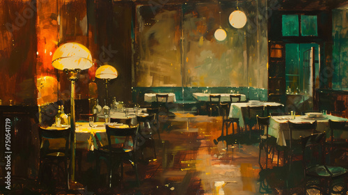 A painting of a restaurant with tables chairs
