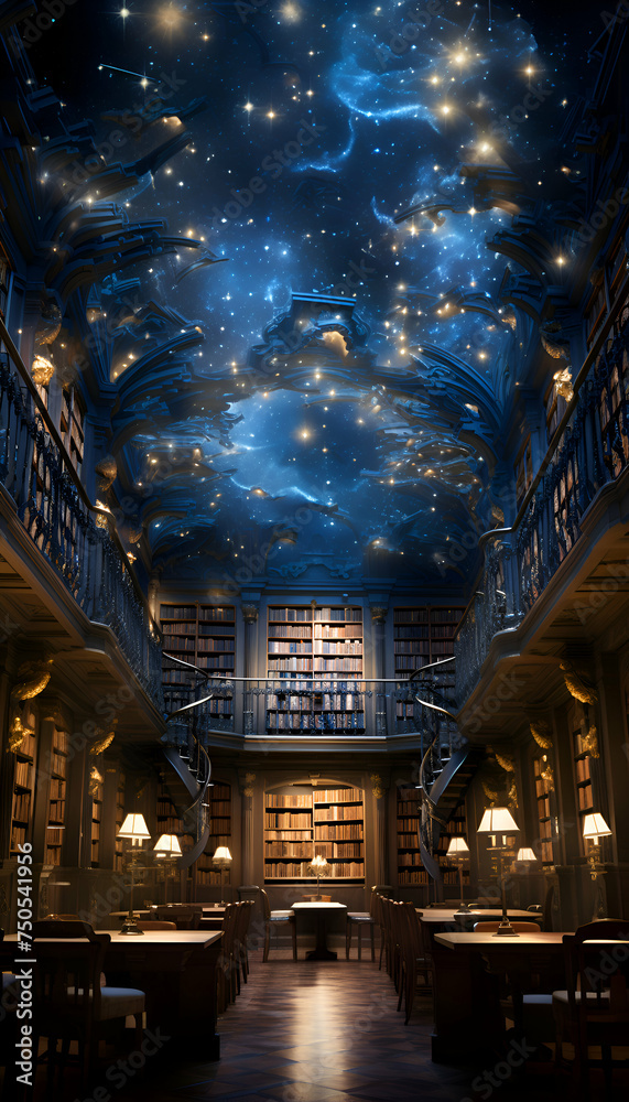 Illustration of the interior of an old library in the night with stars