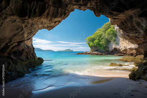 Beach with soft white sand and open caves.