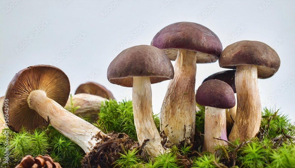 many cortinarius violaceus mushrooms at various angles on white background - obrazy, fototapety, plakaty 
