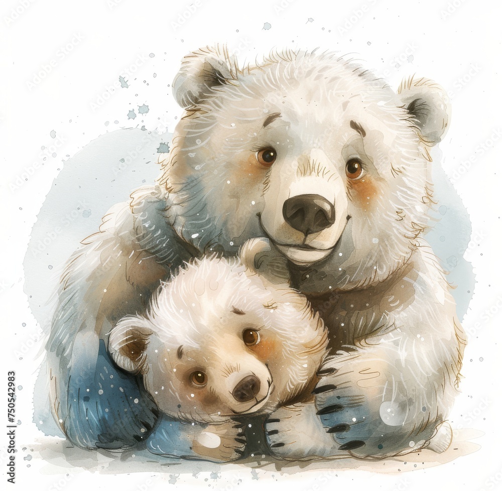 Mother bear hugs the little bear cub. An illustration for a children's book. Watercolor illustration art. The concept of mothering and a happy family. Mother bear hugs the little bear cub. An illustration for a children's book. Watercolor illustration art. The concept of mothering and a happy family.