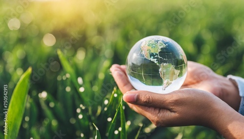 earth day or world environment day environmentally friendly concept save our planet restore and protect green nature sustainable lifestyle and climate literacy theme crystal glass globe in hands photo