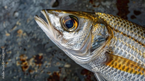 A detailed close-up of a mullet fish on a dark, textured background, highlighting the unique physical characteristics of the fish - its sleek body, shiny scales, and distinctive fin structure. © Татьяна Креминская
