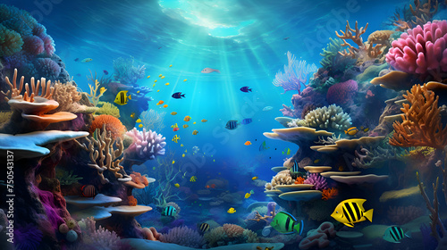 Fototapeta Underwater scene with corals and tropical fish. 3d render