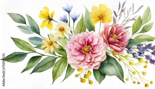 watercolor arrangements with garden flowers bouquets with pink yellow wildflowers leaves branches botanic illustration isolated on white background #750543333