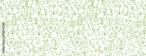 Ecology seamless pattern, green line icons. Ecology environment improvement, sustainability, recycle, renewable energy. Eco friendly vector banner. For cover, wrapping paper, textile print