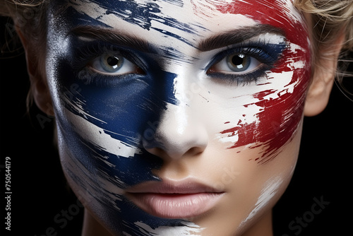 a woman's face with a creative French flag design painted on it, symbolizing cultural pride and identity