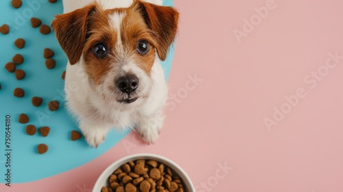 puppy on the floor, Dog food studio shot. dog food and Dog near its bowl full of food