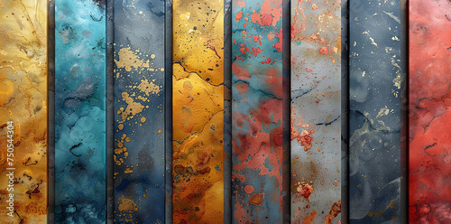 Abstract colorful paint splatters and textures on wooden panels for backgrounds or creative designs.