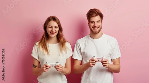 man and woman playing video game photo