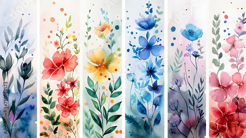 A series of watercolor paintings featuring colorful flowers and leaves.