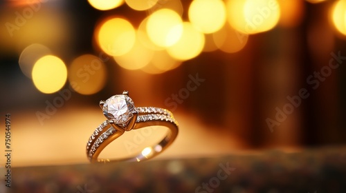 Beautiful diamond engagement ring on blurred background - romantic wedding proposal concept